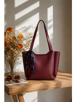 İmaj Butik Bordo Fularlı Fermuarlı El ve Omuz Çantası