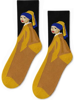 Carnaval Socks Inci Küpeli Kız Tablo Desenli Siyah Unisex Soket Çorap