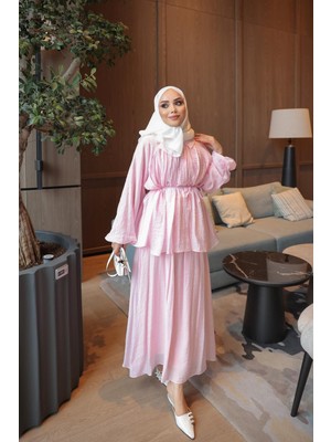 İmaj Butik Pembe Bel Ip Bağlamalı Gömlek Etekli Takım