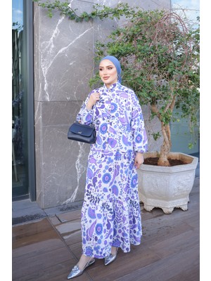 İmaj Butik Mor Yarım Düğmeli Kol Lastikli Eteği Katlı Viskon Elbise