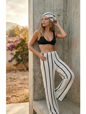 Tua İpek Kadın Dikey Çizgili Rahat Kesim Dökümlü Örme Pantolon ve Bandana Takım Plaj ve Günlük