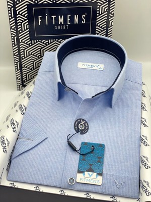 Fitmens Klasik Kısa Kol Keten Cotton Hediye Kutulu Erkek Gömlek FS-003624 - Mavi