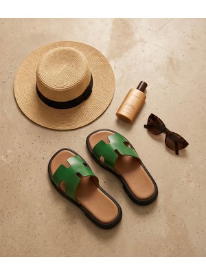 Futsi Shoes Noemıe Yeşil Minimal H Kesim Hakiki Deri Rahat Günlük Kadın Terlik