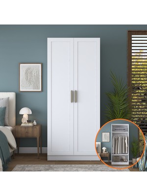 Rani BA298 Membran Kapaklı Gardırop 2 Kapaklı 2 Raflı Elbise Dolabı Beyaz
