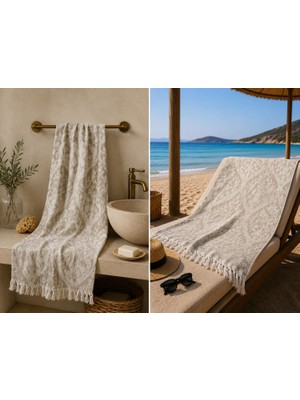 Missi Ege Esintisi Saray Jakarlı Çift Yüzlü Peştemal - Bej - %100 Pamuk 100X180 cm Plaj, Havuz ve Hamam Peştemali