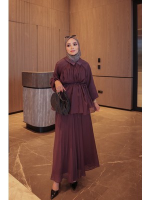 İmaj Butik Mürdüm Bel Ip Bağlamalı Gömlek Etekli Takım