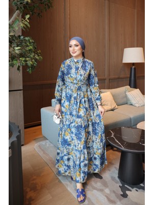 İmaj Butik Lacivert Yarım Düğmeli Kol Lastikli Eteği Katlı Elbise
