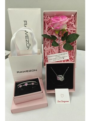 Rawezon Nerovia Pink Konsept Set-Kutulu ve Çantalı Çelik Pempe Çift Kuğu Kolye Kalpli Bieklik ve Pempe Gül Sevdiklerinize Hediye