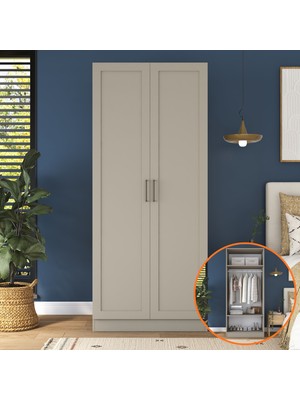 Rani BA307 Membran Kapaklı Gardırop 2 Kapaklı 2 Raflı Askılı Elbise Dolabı Kumtaşı
