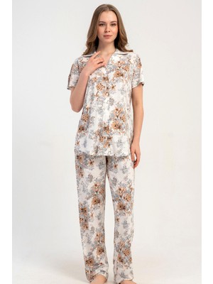 Kezokino Kadın Önden Düğmeli Kısa Kol Ekru Pijama Takımı C8T8N1215