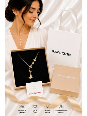 Rawezon Kutulu Çantalı Gold Renk Çelik Zirkon Taşlı Kelebek Sarkıt Y Kolye - Kadına Sevgiliye Hediye