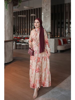 İmaj Butik Bej Yarım Düğmeli Kol Lastikli Eteği Katlı Elbise
