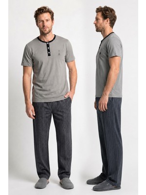 Kompedan Erkek Penye Süprem Genç Önü Patlı Altı Uzun Pijama Takım | Gri 65141-723