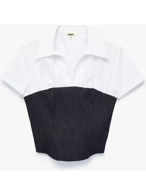 Koton Iki Farklı Kumaş Kullanımlı Slim Fit Kısa Kollu Korse Detaylı Gömlek