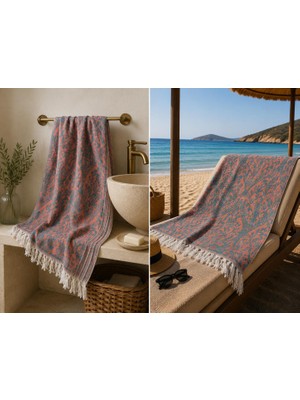 Missi Ege Esintisi Saray Jakarlı Çift Yüzlü Peştemal - Somon- %100 Pamuk 100X180 cm Plaj, Havuz ve Hamam Peştemali