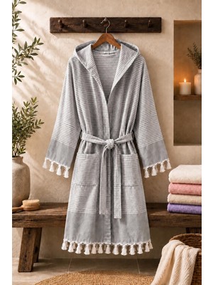 Higliving Çizgili %100 Pamuk Pike Bornoz Kapüşonlu Unisex Premium Seri