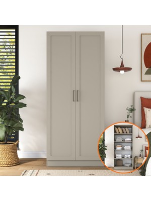 Rani BA306 Membran Kapaklı Gardırop 2 Kapaklı 4 Raflı Elbise Dolabı Kumtaşı