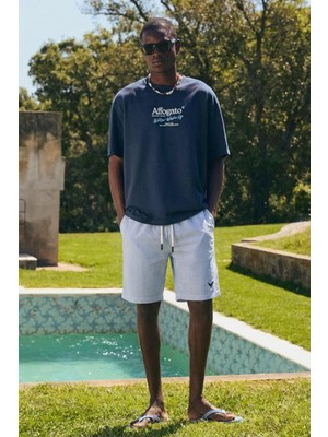 Comstar Erkek Relax Fit Beli Lastikli Çizgili Mavi Jogger Şort