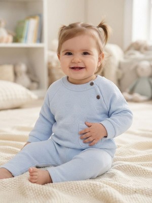 Joyola Bebek Ekru Düğme Detaylı Kabartma Desenli Ikili Takım (Açık Mavi)