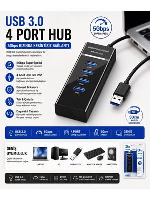 Tastech Yd-32 USB Girişli Yüksek Hızlı 4 Port 3.0 USB Hub Çoklayıcı Süper Hız 5gbps Çoklu USB Port Çoğaltıcı Pc Laptop Şarj Notebook Uyumlu