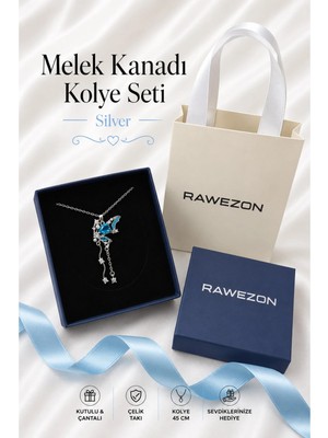Rawezon Mavi Zirkon Taşlı Çelik Peri Kanadı Kolye Kutulu Çantalı Kadın Hediye Seti