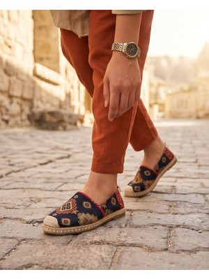 Futsi Shoes Vıola Lacivert Hakiki Deri Kilim Desenli Kadın Etnik Desen Espadril Ayakkabı