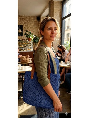 El Yapımı Megahan Boutıque Handmade Yazlık Lacıvert Ağız Kısmı Çıtçıtlı El Orgu Kağıt Ip Canta