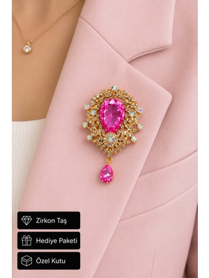 Herşey Nota Pembe Damla Taşlı Zirkon Kadın Broşu Gold Renk Şık Tasarım Hediye Yaka Aksesuarı