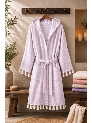 Higliving Çizgili %100 Pamuk Pike Bornoz Kapüşonlu Unisex Premium Seri