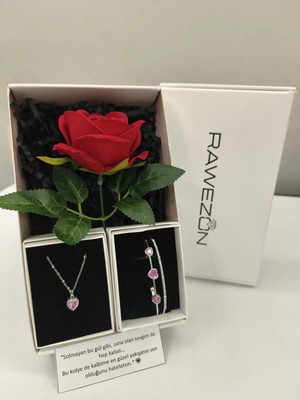 Rawezon Nerovia Pinkred Konsept - Kırmızı Gül ve Pembe Çelik Zirkon Taşlı Kolye Bileklik Seti Sevgiliye Arkadaşa Kadına Hediye