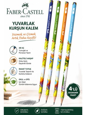 Artlantis Dinazor Kurşun Kalem 4 Adet Faber Castell Yuvarlak Gövdeli Siyah Kurşun Kalem Yumuşak Yazım Kolay Tutuş Kaliteli
