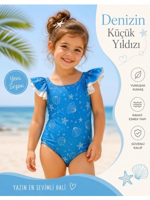 Kız Çocuk Deniz Yıldızı Desenli Mayo Fırfır Kollu Yazlık Tek Parça Mayo