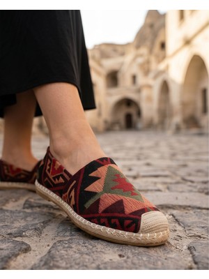 Futsi Shoes Vıola Bordo Hakiki Deri Kilim Desenli Kadın Etnik Desen Espadril Ayakkabı