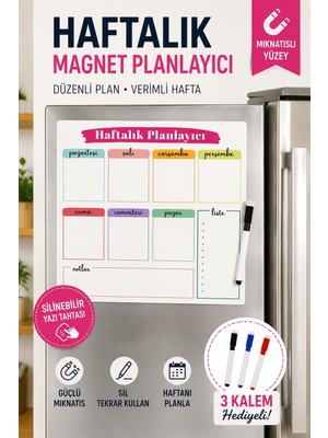 Hobialem Haftalık Magnet Planlayıcı Silinebilir Mıknatıslı Yazı Tahtası 3 Adet Kalem Hediyeli