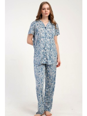 Kezokino Kadın Önden Düğmeli Kısa Kol Mavi Pijama Takımı C4T7N2215