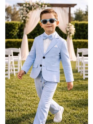 Baby Kids Colors Erkek Çocuk Flamlı Keten Salaş Ceketli Takım Elbise / Gömlek Pantolon Ceket Papyon Keten Takım