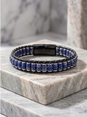 Parmas Design Lapis ve Hematit Çelik Örgülü Deri Erkek Hediye Bileklik 01897