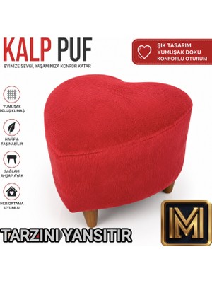 Medet Home Kalp Puf 1 Peluş Kumaşlı Dekoratif Modern Oturma Pufu Yumuşak Dokulu Tabure Konforlu Şık ve Rahat Tasarım Gürgen Ayaklı