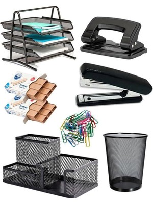 Masaüstü Büro Seti 7 Parça Siyah Metal Evrak Rafı Kalemlik 3 Lü Zımba Makinesi Delegeç Ataşlık Notluk Düzenleyici