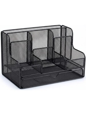 Temel Siyah Metal Mesh Masaüstü Organizer Çekmeceli Çok Bölmeli 25X17X16 cm 9527B