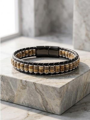 Parmas Design Odun Jasper ve Hematit Çelik Örgülü Deri Erkek Hediye Bileklik 01898