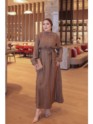 İmaj Butik Vizon Taş Detaylı Bel Bağlamalı Elbise