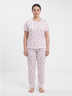 Sleeproom Büyük Beden Kadın Kalp Desen Yazlık Pijama Takımı