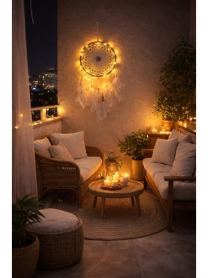 LED Işıklı Düş Kapanı Dreamcatcher Beyaz Kuş Tüyü Rüya Kapanı Duvar Süsü Elişi