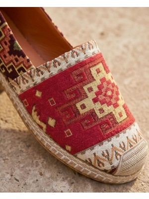 Futsi Shoes Vıola Kırmızı Hakiki Deri Kilim Desenli Kadın Etnik Desen Espadril Ayakkabı