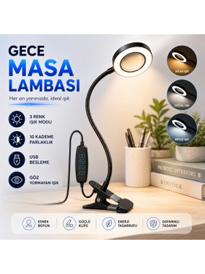 GreaTech Akrobat Hareketli Masa Lambası USB Girişli 3 Modlu Göz Koruyucu Klipsli LED Masa Lambası Sarı Beyaz Gün Işığı
