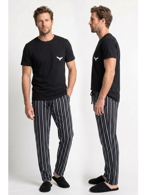 Kompedan Erkek Penye Süprem Genç Bisiklet Yaka Altı Uzun Pijama Takım | Siyah 65162-724
