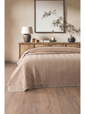 Sevim %100 Pamuk Çift Kişilik Kopanaki Dantelli Waffle PIKE-210X230 Cm-Sütlü Kahve Petek Pike