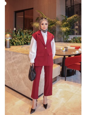 İmaj Butik Bordo Astarlı Yelek Pantolonlu Dabıl Takım