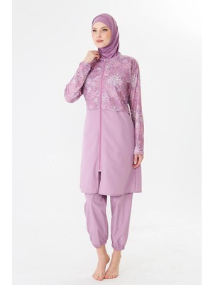 Fantasy Tam Kapalı Büyük Beden Paraşüt Kumaş Desenli Tesettür Mayo PEMBE-3504B